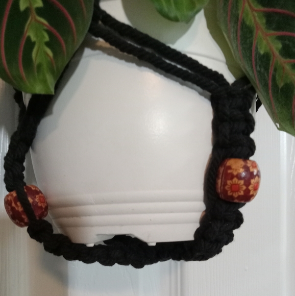 Plant Hanger Macrame Black Floral Beads Set Of 2 With Rings Handmade Small Med - Picture 8 of 15